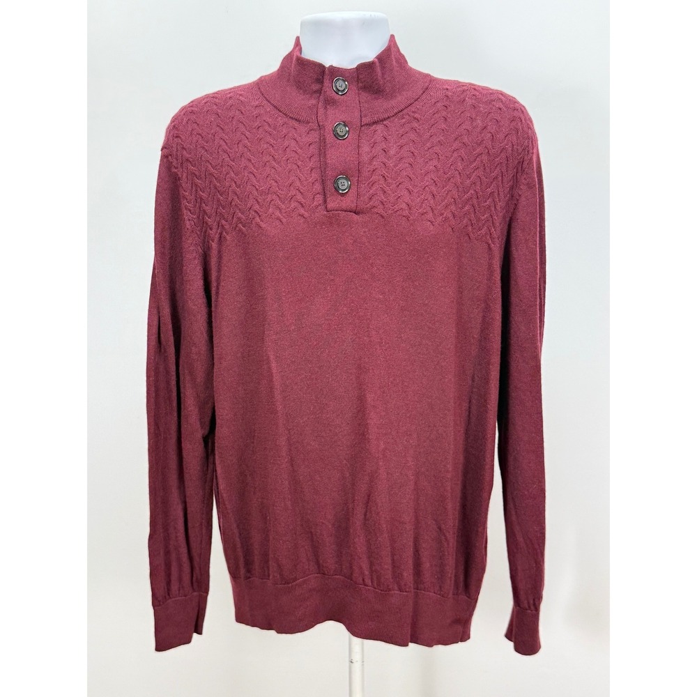 Turnbury Mens XL Burgundy Extra Fine Merino Wool Mock Neck Button Sweater
